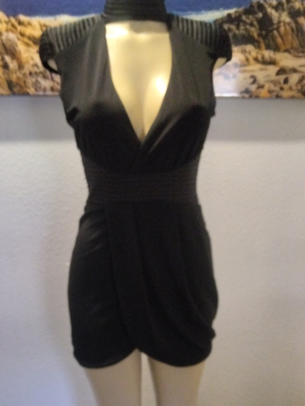 Black Plunging V-Neck Short Dress with Structured Shoulders